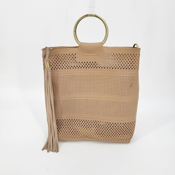 Anthropologie Faux Leather Perforated Ring Handle Handbag Purse Tan - Picture 1 of 6